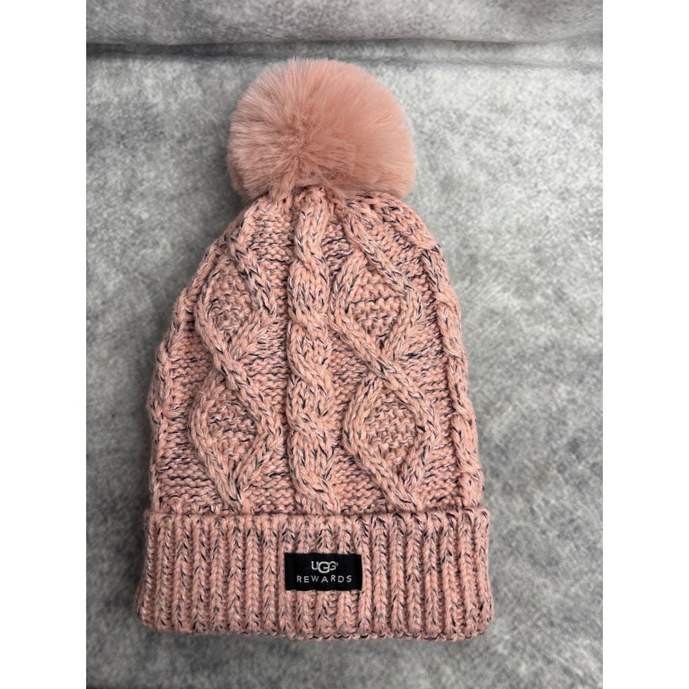 UGG Rewards Cable Knit Pink Pom Pom Beanie Hat